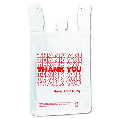 HDPE T-Shirt Bags, Thank You - Have a Nice Day Labeling, Cut-Out Handles, 12" x 7" x 23", White/Red, 500/Carton