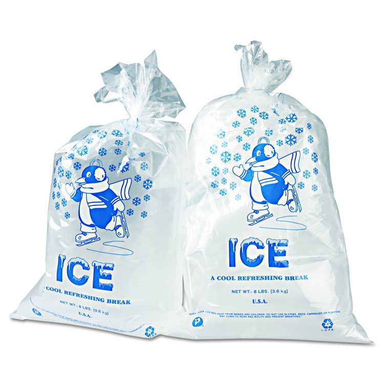 Ice Bags with Twist-Ties, Ice: Penguin Icon Labeling, 8 lb Capacity, 1.5 mil, 11" x 20", Clear, 1,000/Carton