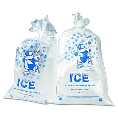 Ice Bags with Twist-Ties, Ice: Penguin Icon Labeling, 8 lb Capacity, 1.5 mil, 11" x 20", Clear, 1,000/Carton