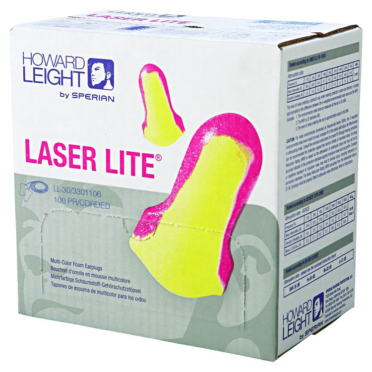 Laser Lite Single-Use Earplugs, Corded, 32 dB NRR, One Size Fits Most, Yellow/Magenta Bell/T-Shaped Plugs, 100/Box
