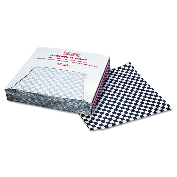 Grease-Resistant Paper Wraps and Liners, 12" x 12", Black Check, 1000/Box, 5 Boxes/Carton
