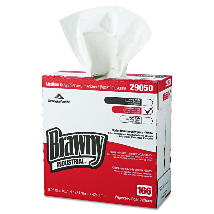 Medium Duty Scrim Reinforced Wipers, 4-Ply, 9.25 x 16.69, Unscented, White, 166/Box, 5 Boxes/Carton