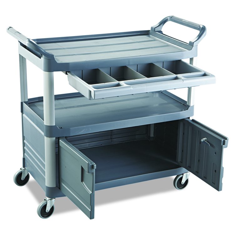 Xtra Instrument Cart with Locking Storage Area, Plastic, 3 Shelves, 300 lb Capacity, 20" x 40.63" x 37.8", Gray