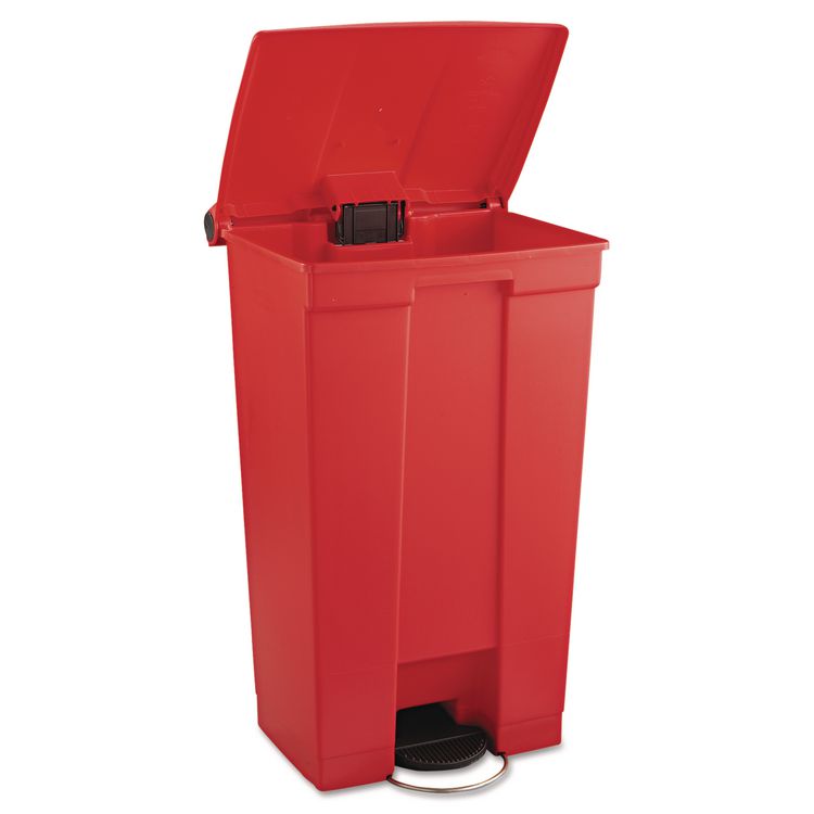 Indoor Utility Step-On Waste Container, 23 gal, Plastic, Red