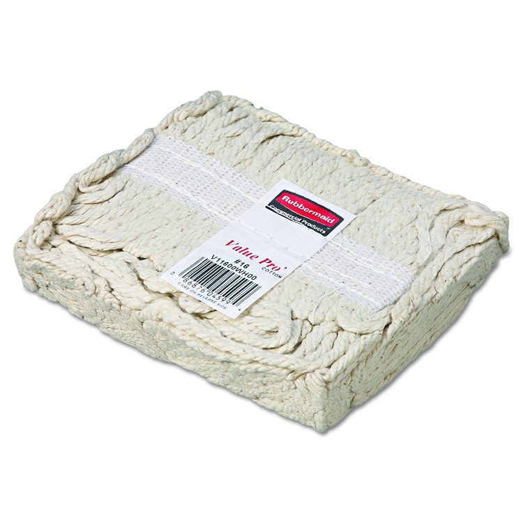 Non-Launderable Economy Cut-End Cotton Wet Mop Head, 16 oz, 1" Band, White, 12/Carton