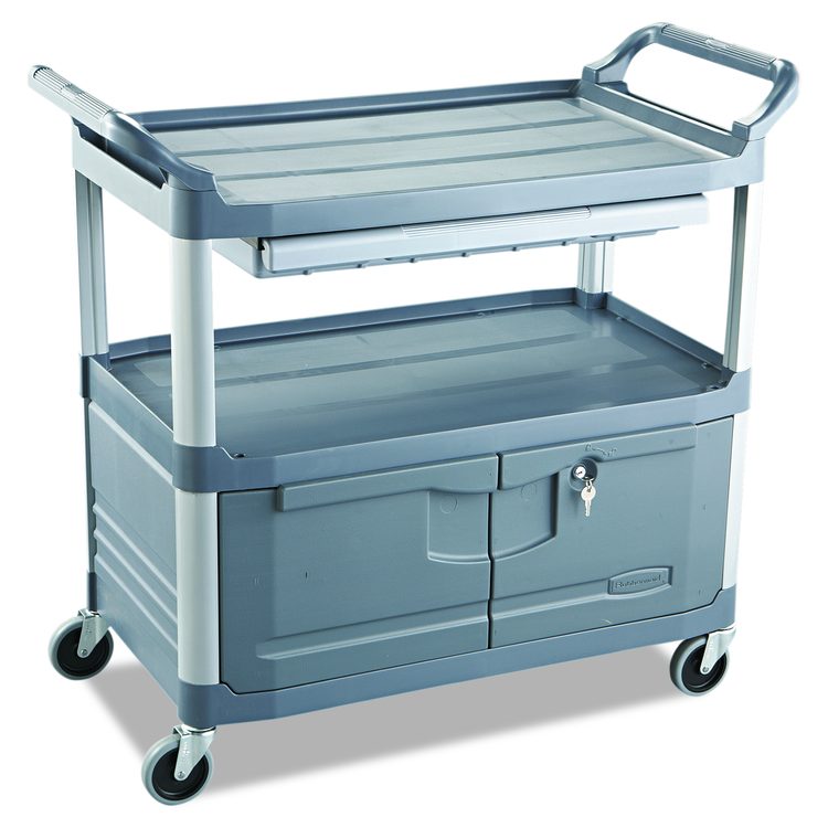 Xtra Instrument Cart with Locking Storage Area, Plastic, 3 Shelves, 300 lb Capacity, 20" x 40.63" x 37.8", Gray