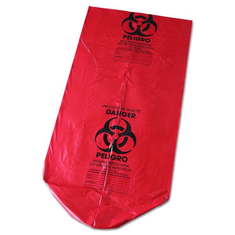 Low-Density Commercial Can Liners, Infectious Waste Biohazard, 45 gal, 1.3 mil, 40" x 46", Red, Interleaved, 20/RL, 5 RL/CT