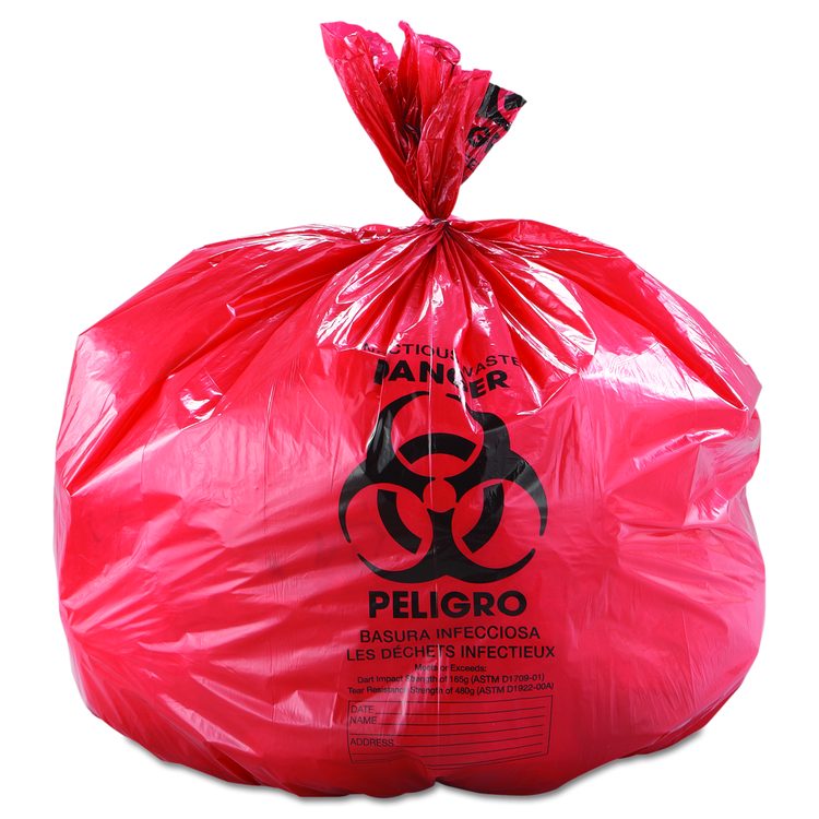 Low-Density Commercial Can Liners, Infectious Waste Biohazard, 45 gal, 1.3 mil, 40" x 46", Red, Interleaved, 20/RL, 5 RL/CT