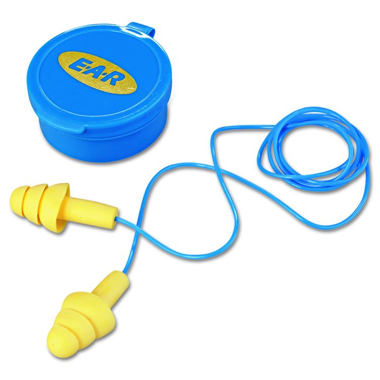 E-A-RUltraFit Reusable Earplugs, Corded, 25 dB NRR, One Size Fits Most, Yellow 3-Flange Plugs, 50/Box