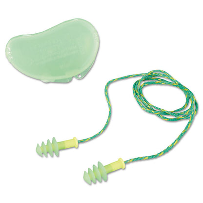 Fusion Multiple-Use Earplugs, Corded, 27 dB NRR, Small, Green/Yellow 4-Flange Plugs, 100/Box