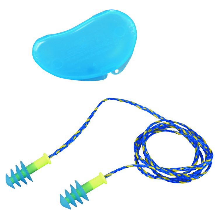 Fusion Multiple-Use Earplugs, Corded, 27 dB NRR, One Size Fits Most, Blue/Yellow 4-Flange Plugs, 100/Box