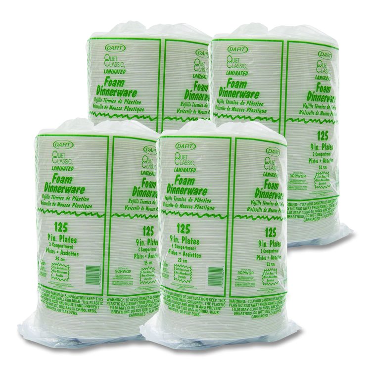 Quiet Classic Laminated Foam Plates, 3-Compartment Plate, 9" dia, White, 125/Pack, 4 Packs/Carton