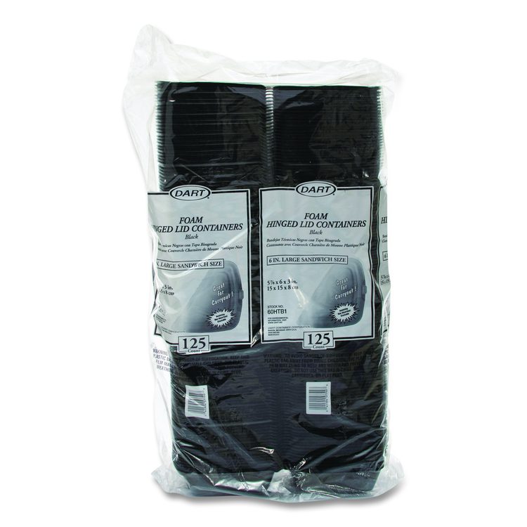 Foam Hinged Lid Containers, Large Sandwich, 6 x 5.9 x 3, Black, 125/Bag, 4 Bags/Carton