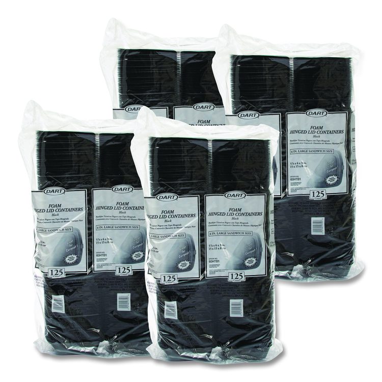 Foam Hinged Lid Containers, Large Sandwich, 6 x 5.9 x 3, Black, 125/Bag, 4 Bags/Carton
