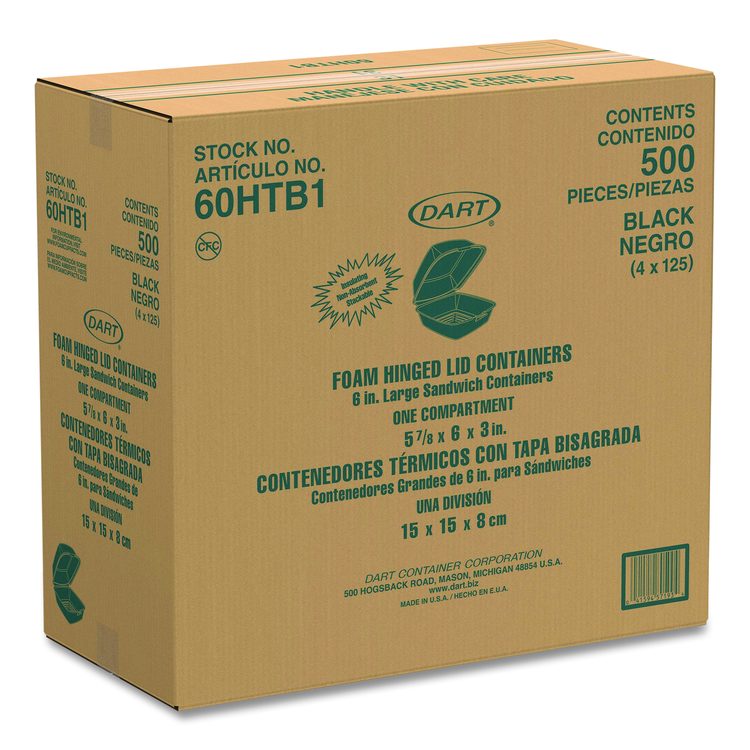 Foam Hinged Lid Containers, Large Sandwich, 6 x 5.9 x 3, Black, 125/Bag, 4 Bags/Carton