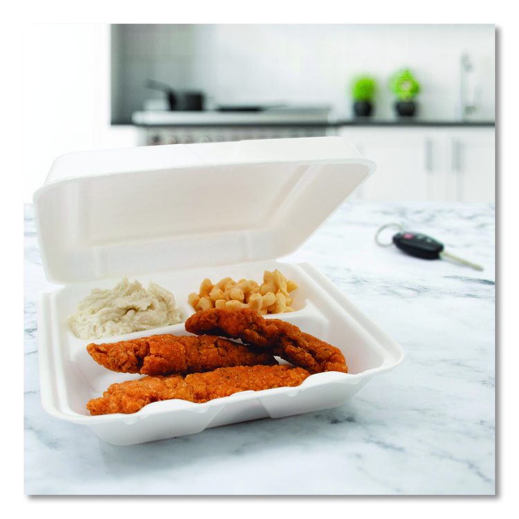 Foam Hinged Lid Containers, 3 Compartments, 7.5 x 8 x 2.3, White, 200/Carton