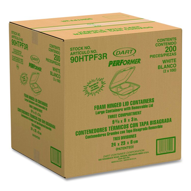 Foam Hinged Lid Container, Performer Perforated Lid, 3 Compartments, 9 x 9.4 x 3, White, 100/Bag, 2 Bag/Carton