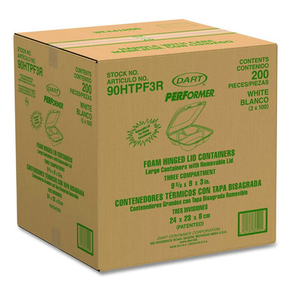 Foam Hinged Lid Container, Performer Perforated Lid, 3 Compartments, 9 x 9.4 x 3, White, 100/Bag, 2 Bag/Carton