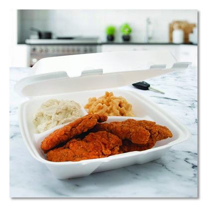 Foam Hinged Lid Container, Performer Perforated Lid, 3 Compartments, 9 x 9.4 x 3, White, 100/Bag, 2 Bag/Carton