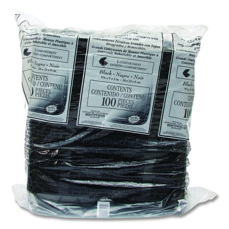 Insulated Foam Hinged Lid Containers, 9.01 x 9.4 x 3.1, Black, 100/Bag, 2 Bags/Carton, 200 Containers/Carton