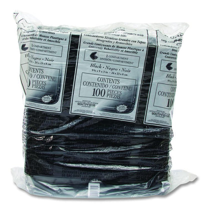 Insulated Foam Hinged Lid Containers, 9.01 x 9.4 x 3.1, Black, 100/Bag, 2 Bags/Carton, 200 Containers/Carton