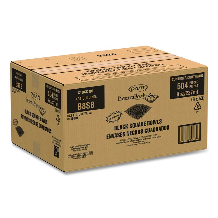 PresentaBowls Pro Black Square Bowls, 8 oz, 5 x 5 x 1.5, Plastic, 63/Bag, 8 Bags/Carton