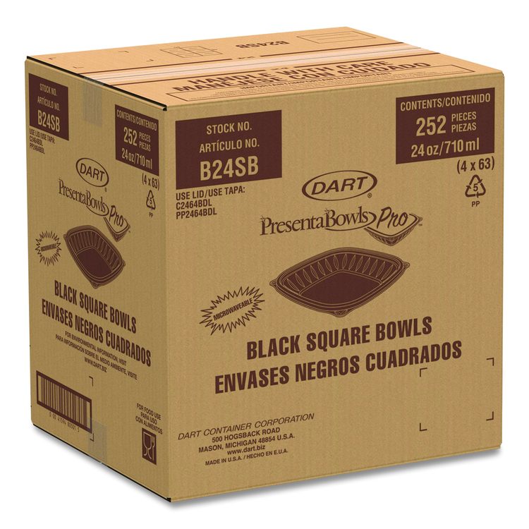 PresentaBowls Pro Black Square Bowls, 24 oz, 8.5 x 8.5 x 1.8, Plastic, 63/Bag, 4 Bags/Carton