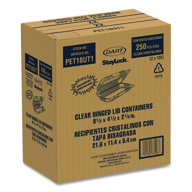 StayLock Clear Hinged Lid Containers, 4.5 x 8.5 x 2.1, Clear, Plastic, 250/Carton
