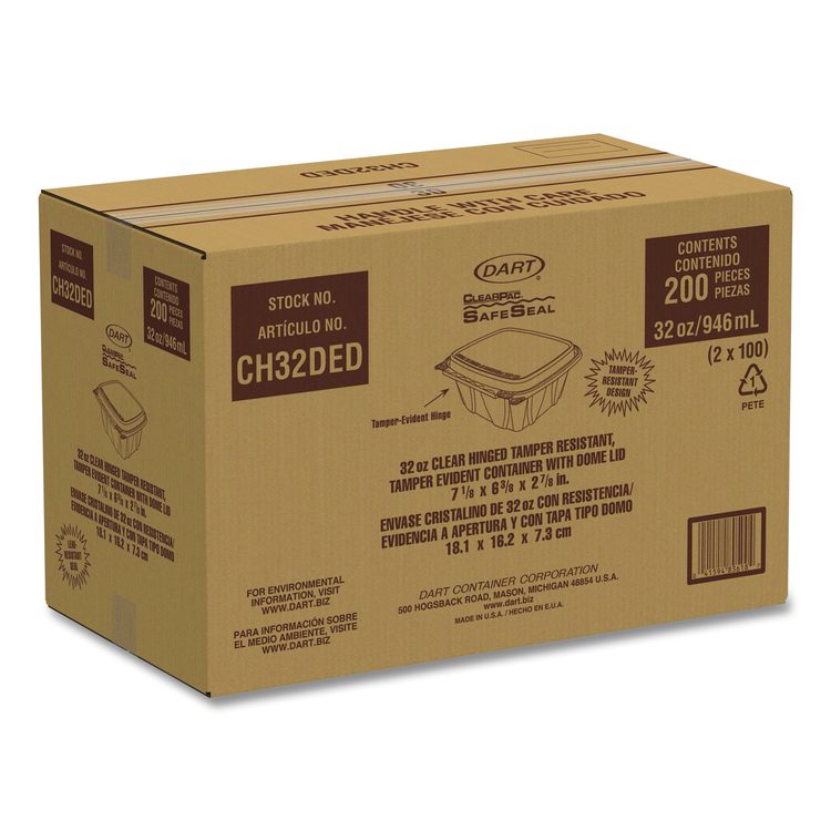 ClearPac SafeSeal Tamper-Resistant/Evident Containers, Domed Lid, 32 oz, Clear, Plastic, 100/Bag, 2 Bags/Carton