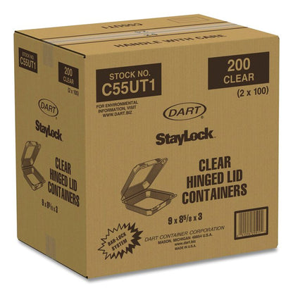 StayLock Clear Hinged Lid Containers, 8.6 x 9 x 3, Clear, Plastic, 100/Pack, 2 Packs/Carton
