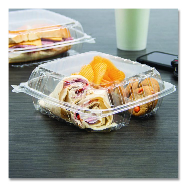 ClearSeal Hinged-Lid Plastic Containers, 8.25 x 8.25 x 3, Clear, Plastic, 125/Pack, 2 Packs/Carton