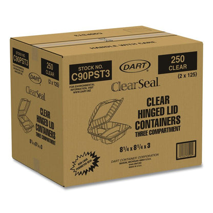 ClearSeal Hinged-Lid Plastic Containers, 8.25 x 8.25 x 3, Clear, Plastic, 125/Pack, 2 Packs/Carton