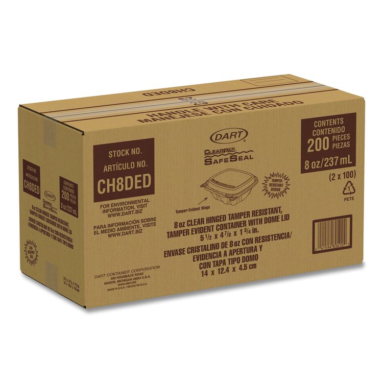 ClearPac SafeSeal Tamper-Resistant/Evident Containers, Domed Lid, 8 oz, Clear, Plastic, 100/Bag, 2 Bags/Carton