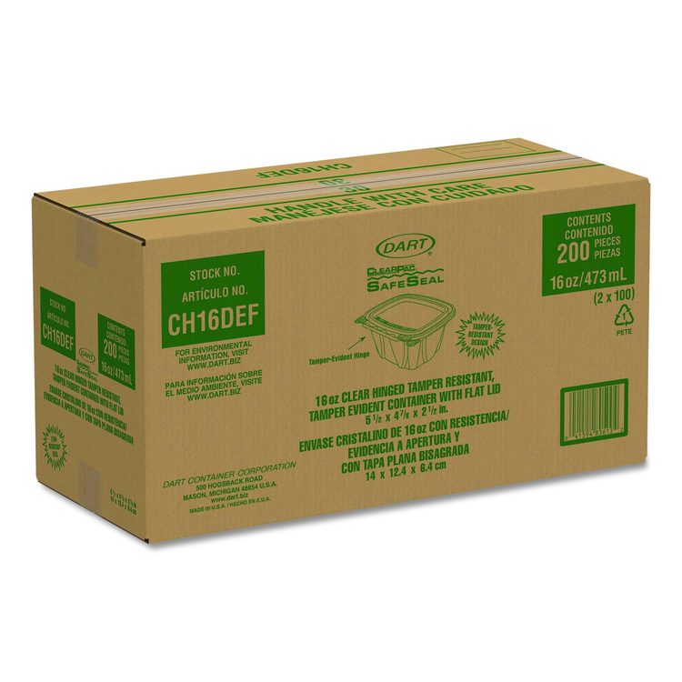 ClearPac SafeSeal Tamper-Resistant/Evident Containers, Flat Lid, 16 oz, Clear, Plastic, 100/Bag, 2 Bags/Carton