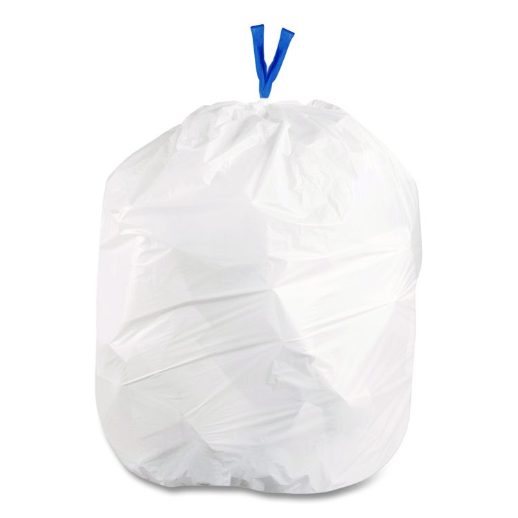 Drawstring Trash Bags, Drawstring, 13 gal, 24" x 28", White, 40 Bags/Roll, 2 Rolls/Box