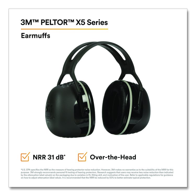 PELTOR X5A Over the Head Earmuffs, Dielectric, 31 dB NRR, Black/White