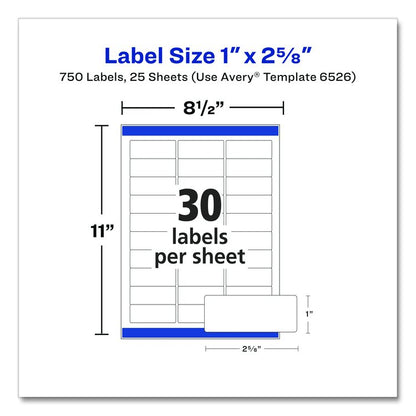 Glossy White Easy Peel Mailing Labels w/ Sure Feed Technology, Laser Printers, 1 x 2.63, White, 30/Sheet, 25 Sheets/Pack