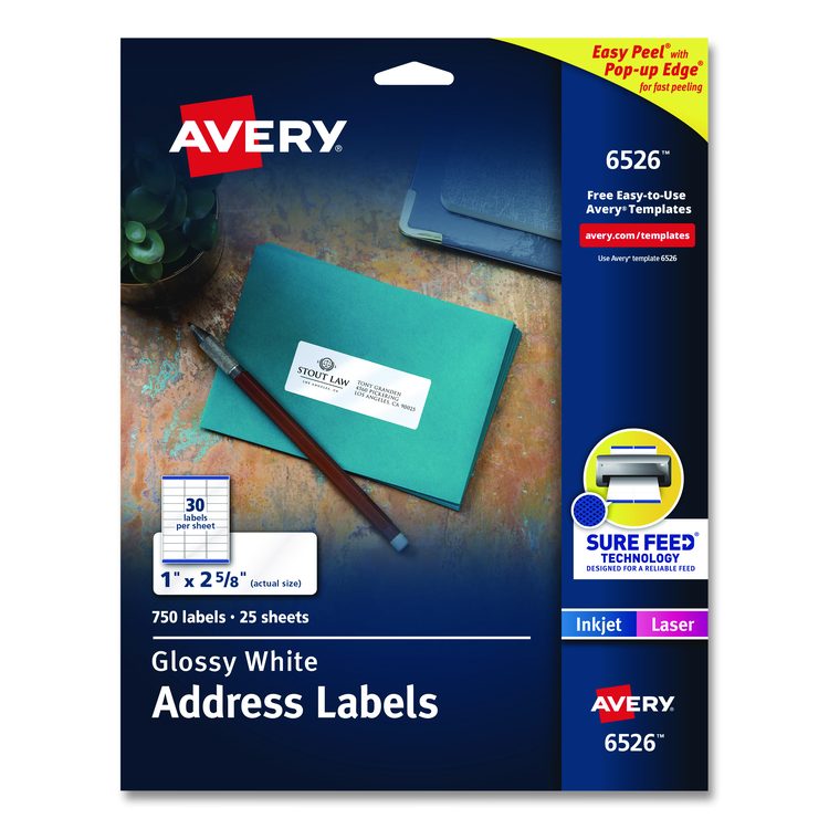 Glossy White Easy Peel Mailing Labels w/ Sure Feed Technology, Laser Printers, 1 x 2.63, White, 30/Sheet, 25 Sheets/Pack
