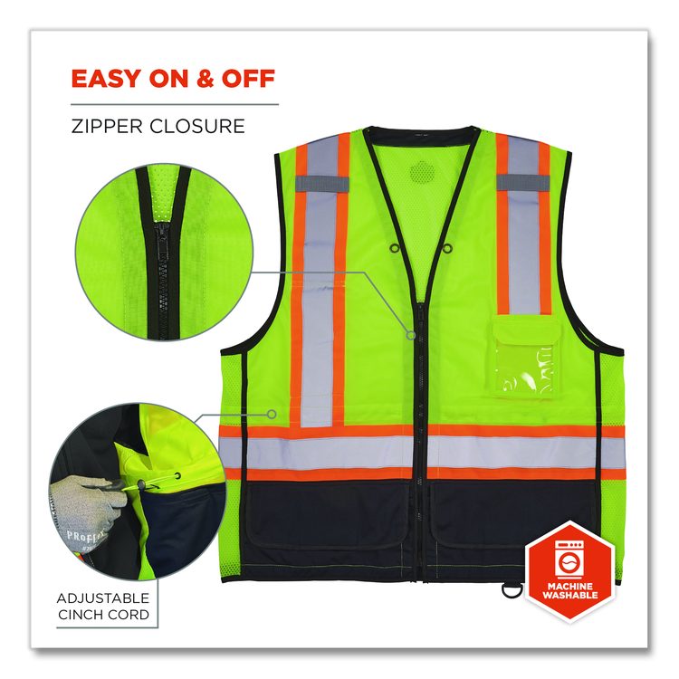 GloWear 8251HDZ Class 2 Two-Tone Hi-Vis Safety Vest, Polyester, Small to Medium, Lime