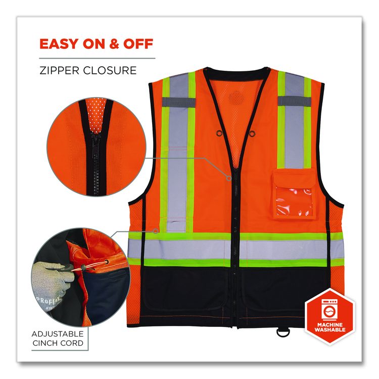 GloWear 8251HDZ Class 2 Two-Tone Hi-Vis Safety Vest, Polyester, Small to Medium, Orange