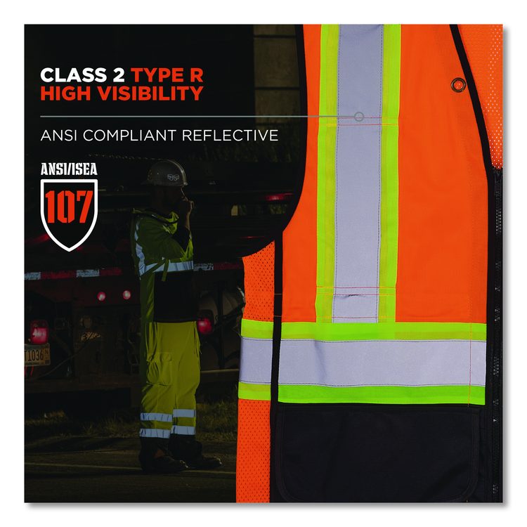 GloWear 8251HDZ Class 2 Two-Tone Hi-Vis Safety Vest, Polyester, 2X-Large to 3X-Large, Orange