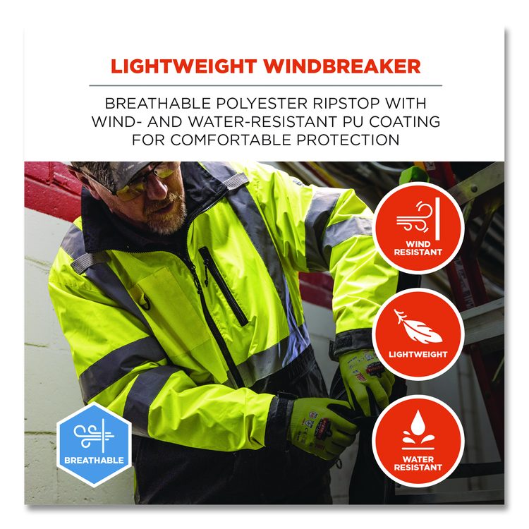 GloWear 8351 Class 3 Hi-Vis Windbreaker Water-Resistant Jacket, 2X-Large, Lime
