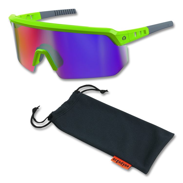 Skullerz AEGIR Anti-Scratch Enhanced Anti-Fog Safety Glasses, Lime Half Frame, Mirrored Purple Single Lens