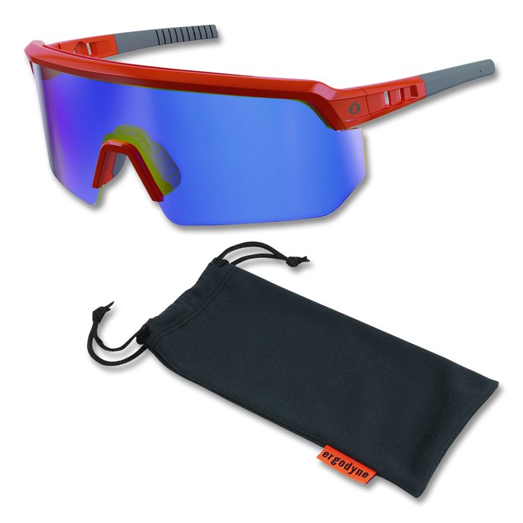 Skullerz AEGIR Anti-Scratch Enhanced Anti-Fog Safety Glasses, Orange Half Frame, Mirrored Blue Single Lens
