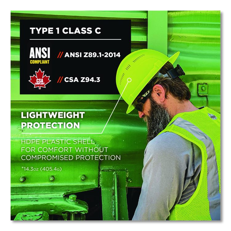 Skullerz 8968 Class C Lightweight Full Brim Hard Hat with Adjustable Venting, 6-Point Ratchet, One Size Fits Most, Lime