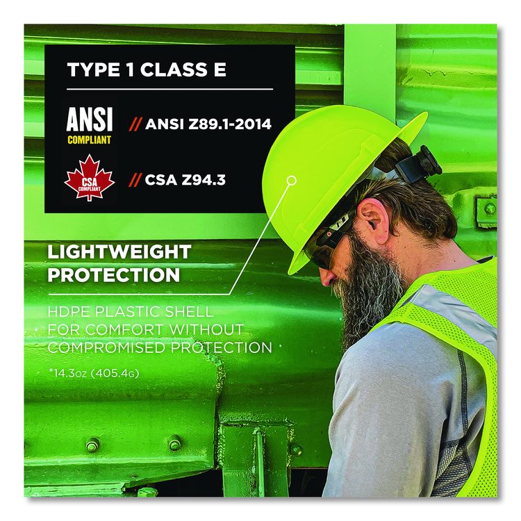Skullerz 8969 Class E Lightweight Full Brim Hard Hat, 6-Point Standard Ratchet, One Size Fits Most (6.5 to 8), Lime