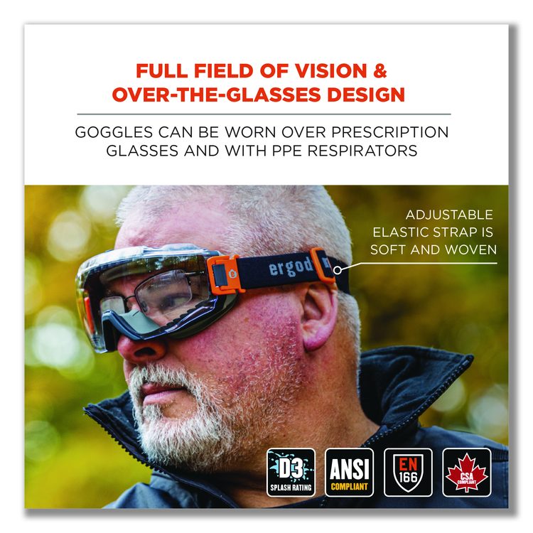 Skullerz MODI OTG Anti-Scratch and Enhanced Anti-Fog Safety Goggles with Elastic Strap, Clear Lens, Gray/Clear Frame