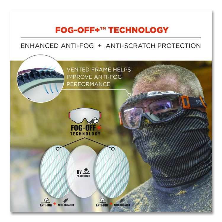 Skullerz MODI OTG Anti-Scratch and Enhanced Anti-Fog Safety Goggles with Elastic Strap, Clear Lens, Gray/Clear Frame