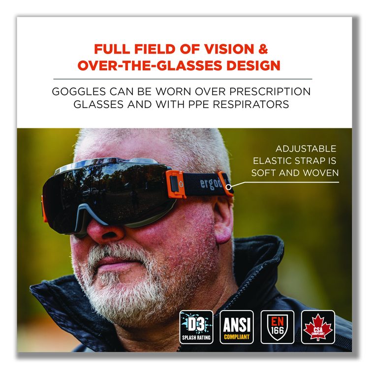 Skullerz MODI OTG Anti-Scratch and Enhanced Anti-Fog Safety Goggles with Elastic Strap, Smoke Lens, Gray/Clear Frame