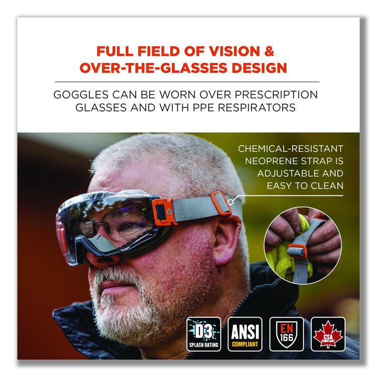 Skullerz MODI OTG Anti-Scratch and Enhanced Anti-Fog Safety Goggles with Neoprene Strap, Clear Lens, Gray/Clear Frame